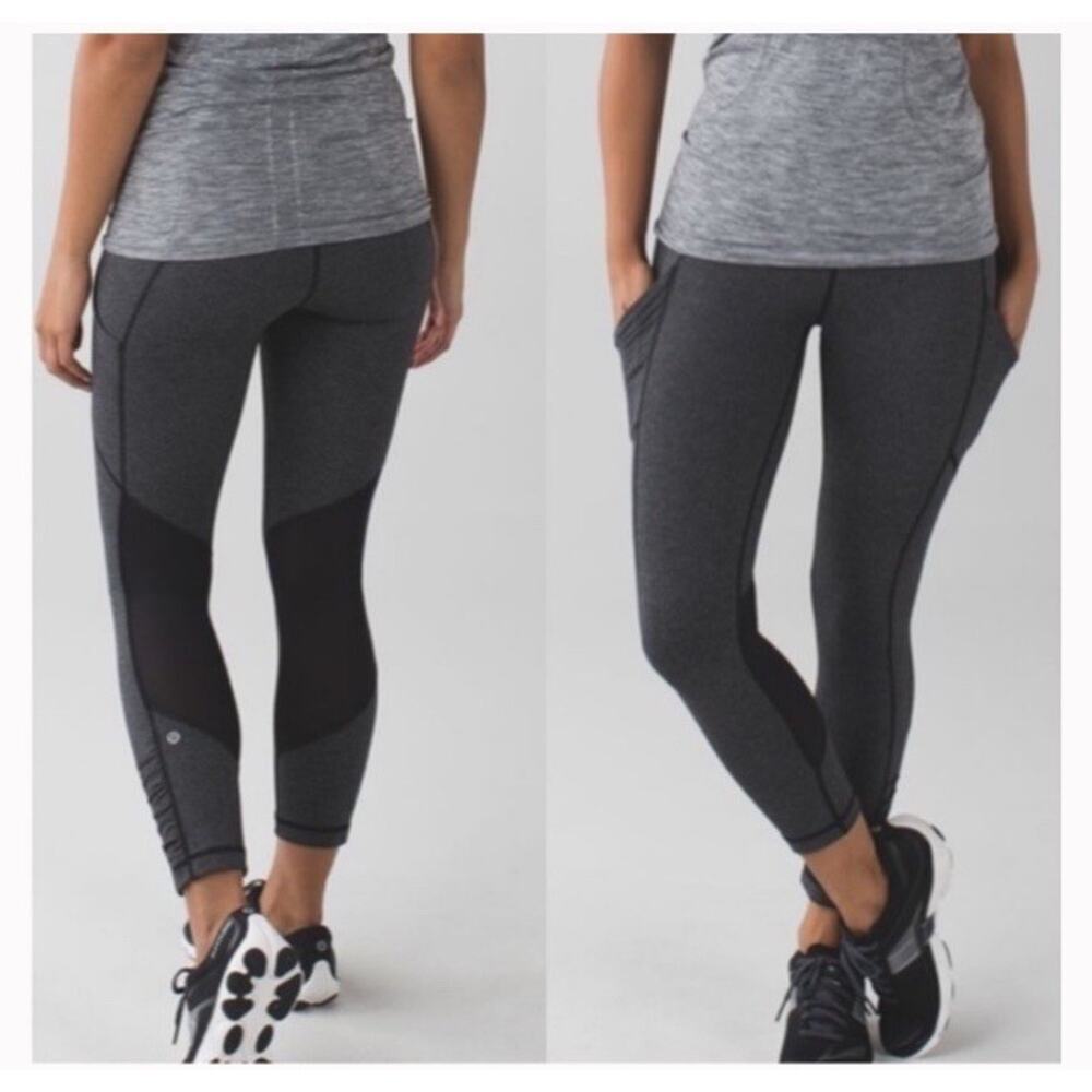 LULULEMON Herringbone Speed Cropped Leggings Ruched Ankles Mesh Panels Size 4